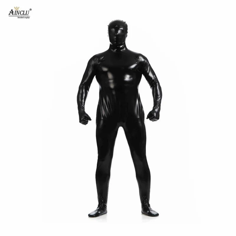 Ainclu цельный черный клей металлик Zentai для хеллоуина Блестящий спандекс с длинным