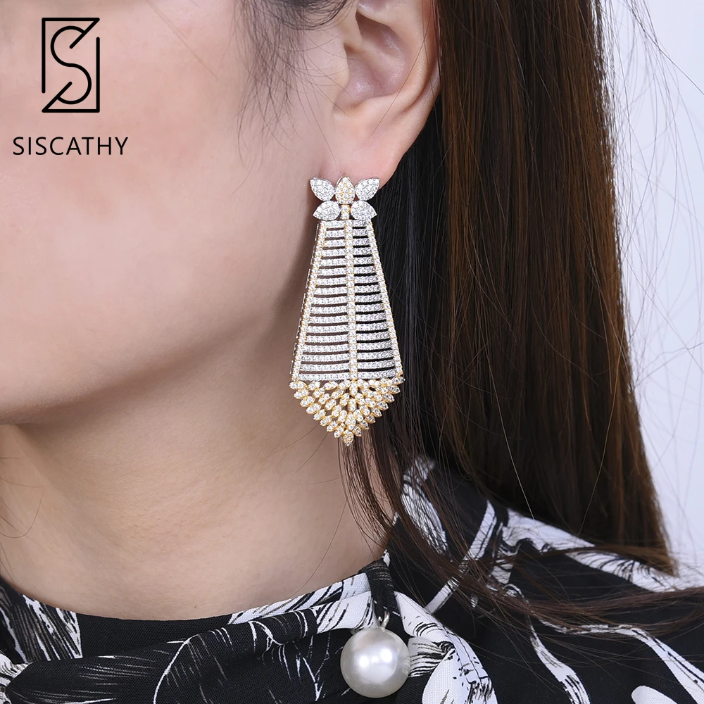 

SISCATHY Deluxe Women Flower Pierced Leaves Earrings Pendant Cubic Zirconia African Dubai Wedding Engagement Big Dangle Earrings
