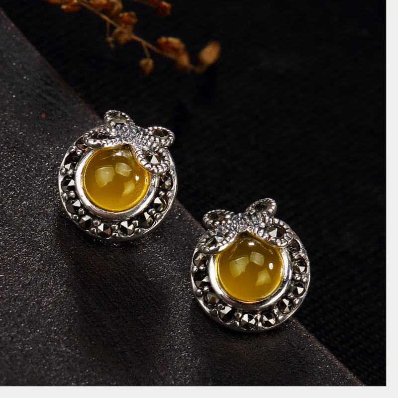 Женские винтажные серьги гвоздики из чистого серебра 925 пробы с натуральным