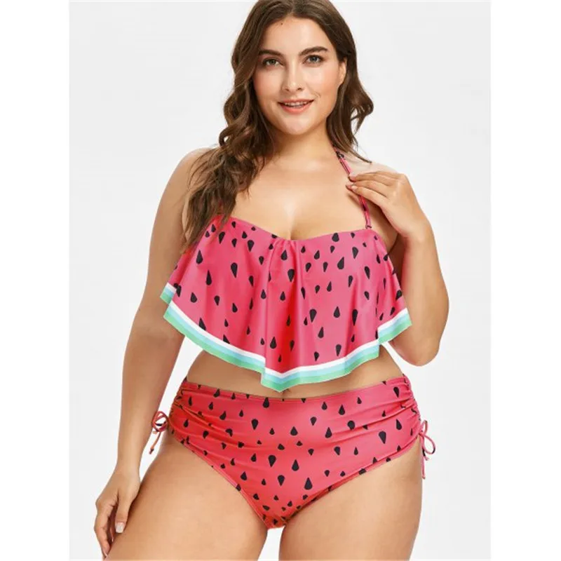 Купальник с принтом фруктов арбуза и оборками XXXL плюс размер купальники высокой
