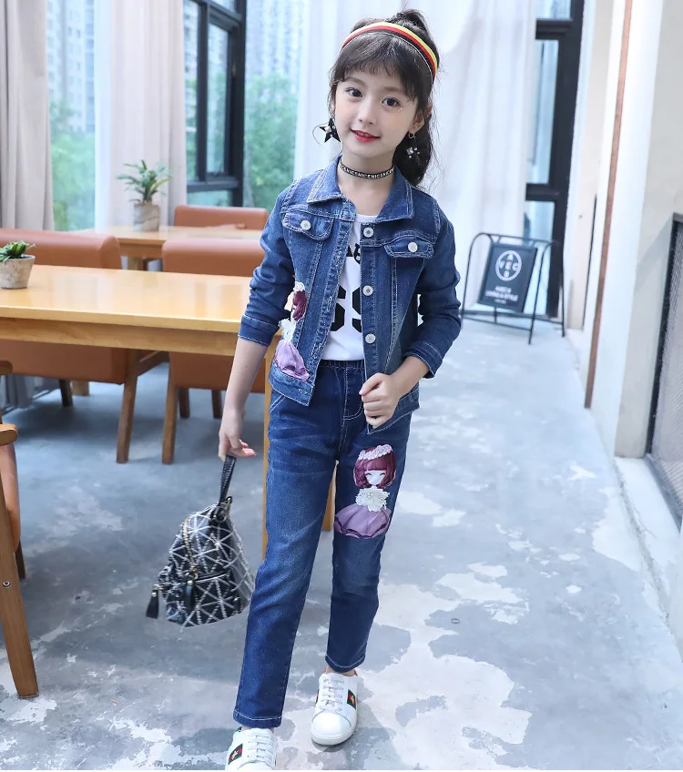 girl cowboy outfit Детская одежда для девочек, джинсовые рубашки с синими джинсами, комплекты из 2 предметов, комплекты школьной одежды для девочек 6, 8, 10, 11, 12 лет, осень-весна - Цвет: girl cowboy outfit