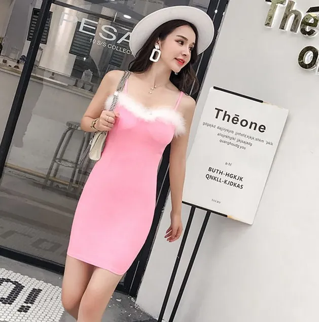 Сексуальная Спагетти ремень платье Женщины Оболочка Bodycon мех черный розовый мини
