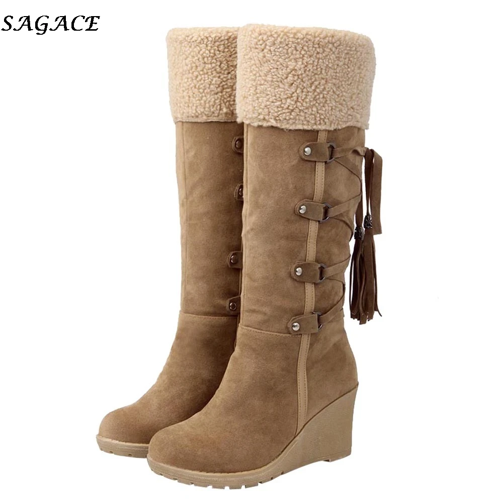 SAGACE/зимние сапоги на танкетке Женские Martin Высокие до бедра с бахромой Zapatos De Mujer