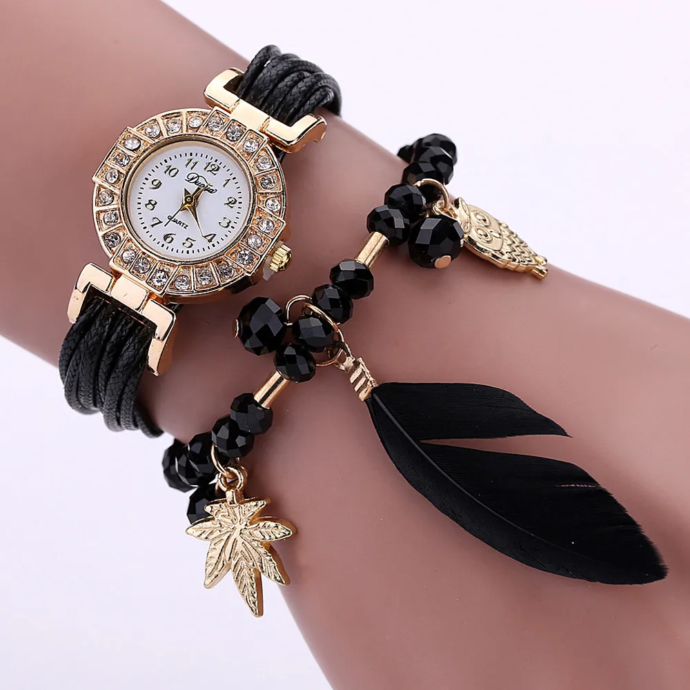 

Hot Hot Sale PU Feather Weave Wrap Around Bracelet Watch Crystal Synthetic Fashion Chain Watch relojes de moda mujer Well