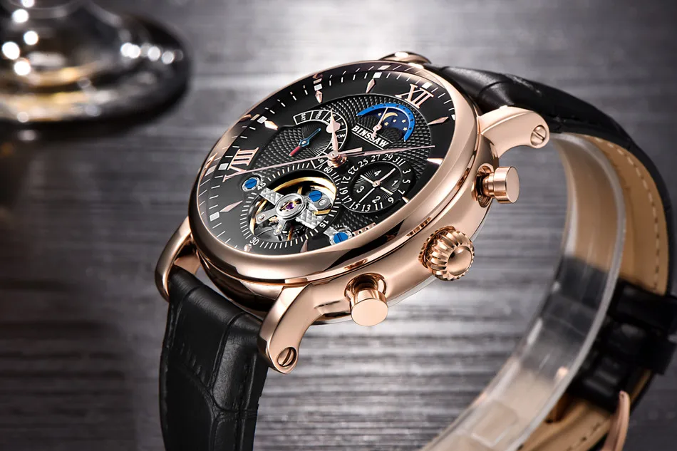 BINSSAW Reloj Мужские механические часы Автоматические турбийон бизнес кожа Montre Homme Moon Phase спортивные часы Zegarek Meski