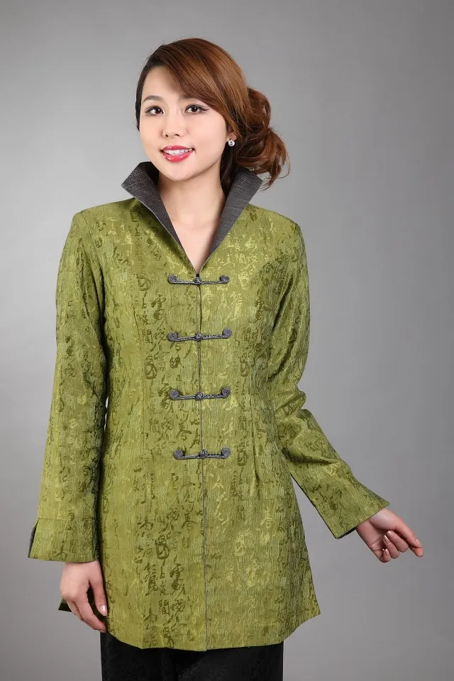Зеленый китайский для женщин шелковый атлас Вышивка длинная куртка Детское