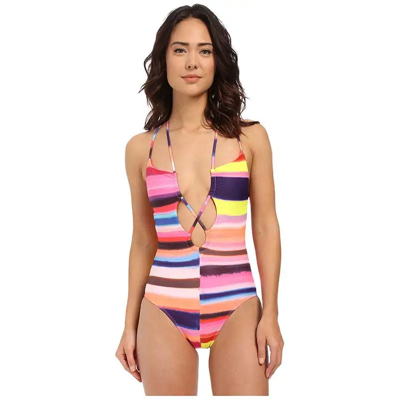 Красочный Полосатый купальник Женские пикантные спинки Trikini глубокий v-образным