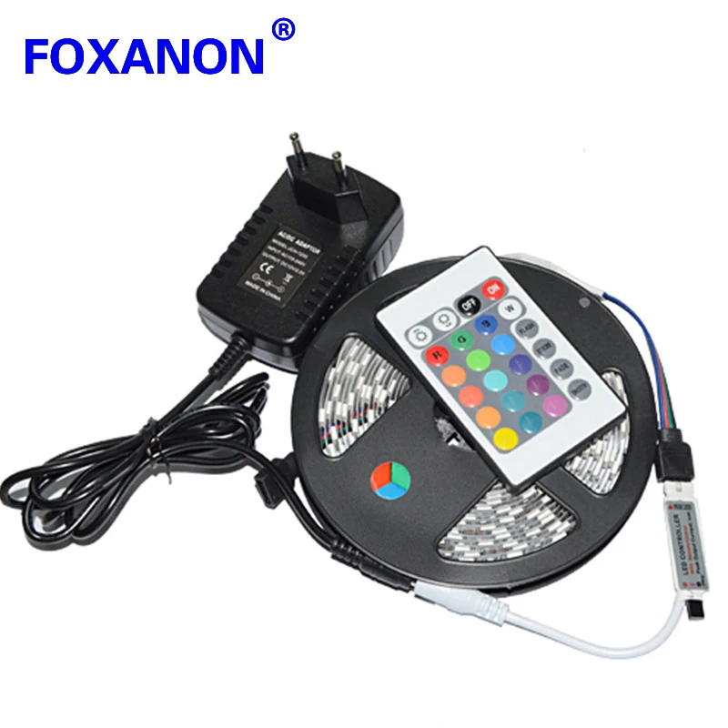 

Foxanon Brand 5050 RGB Led Strip 5M 60pcs/M 300LED Flexible Light + 12V 2A 24W Power Adapter + 24Key Remote Controller lamps