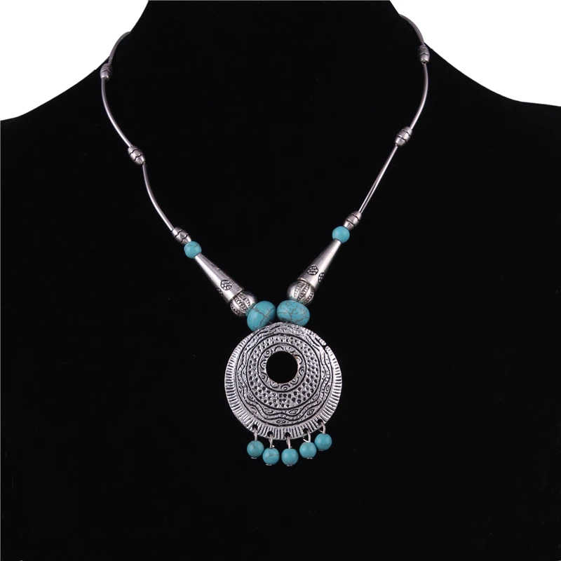Statement Tibetan Silver Color Chain Big Stone Necklaces Bohemian Gypsy Carved Round Beads Tassels Pendants Women | Украшения и