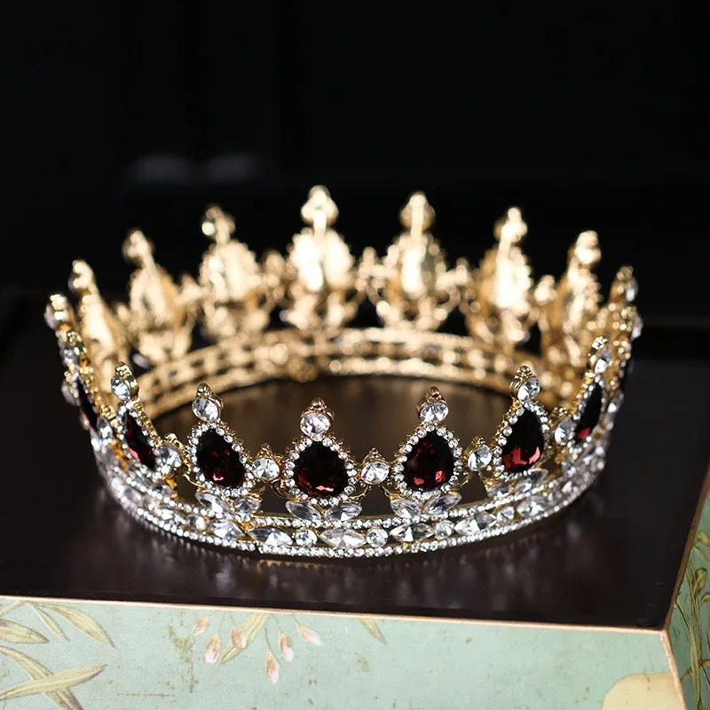 Luxury Round Queen Crowns Shinny Crystal Gold Bridal Tiara With Burgundy Rhinestones New Princess Marrige Accessory SQ0295