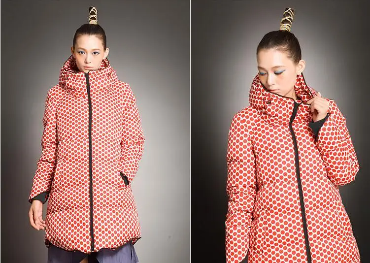 Женский пуховик в мелкий горошек зимнее пальто с капюшоном плотное пуховое