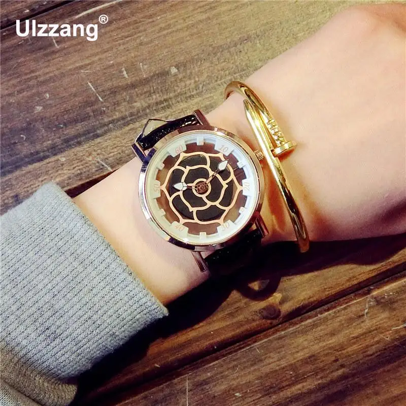 Роскошные Стильные кварцевые часы с циферблатом из розового золота цветком и