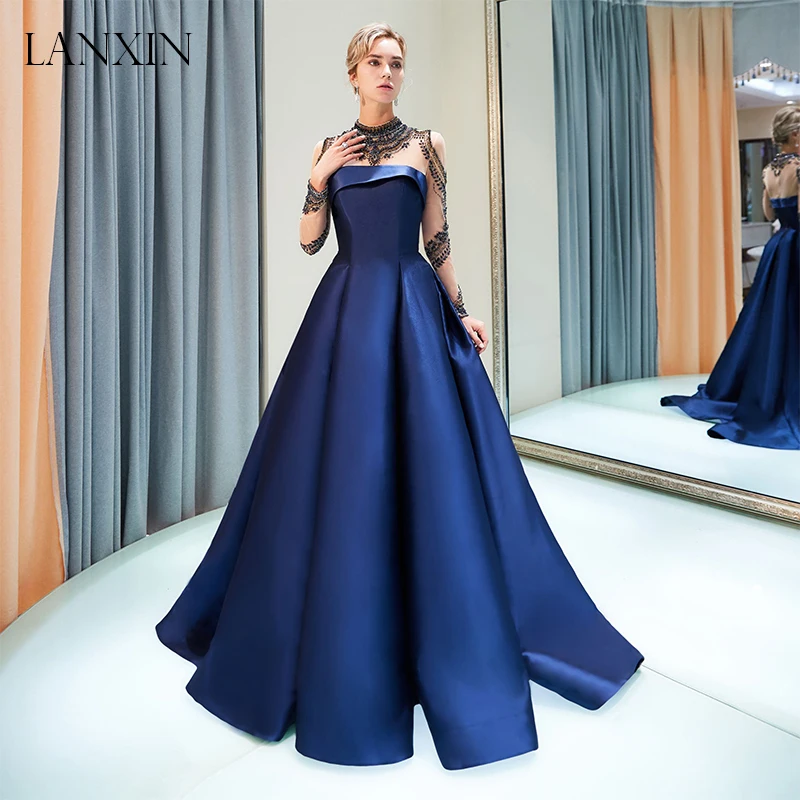 Женское атласное вечернее платье с длинным рукавом и шлейфом для выпускного