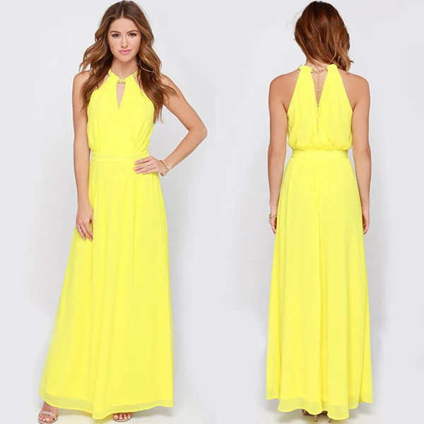 New Summer Style Long Dress Woman Vestidos Solid Yellow Casual Beach Dresses Sleeveless Halter Party Maxi vestido longo|dresses brand|dress up girls