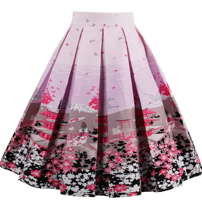 Pin Up skirt 6 Ретро хлопок банан цветочный принт плиссированная юбка высокая талия винтажные юбки для женщин 50 s Одри Хепберн Стиль Saias миди Пышная юбка - Цвет: Pin Up skirt 6