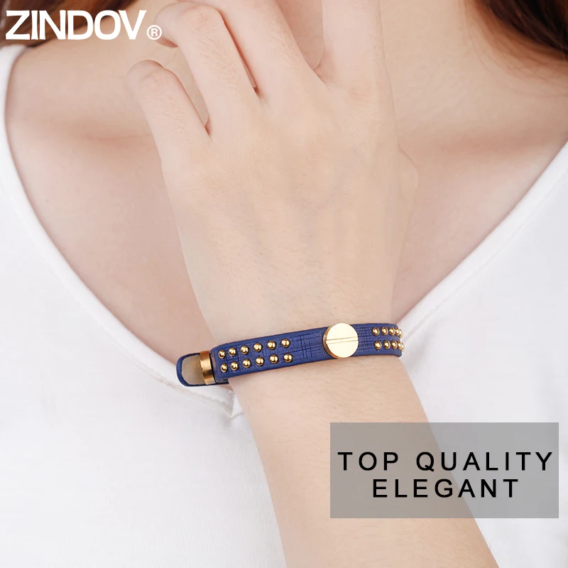 Женский кожаный браслет ZINDOV черный из нержавеющей стали с заклепками золотого