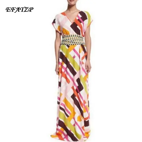 Женское платье макси из эластичного шелка и спандекса с геометрическим принтом| |