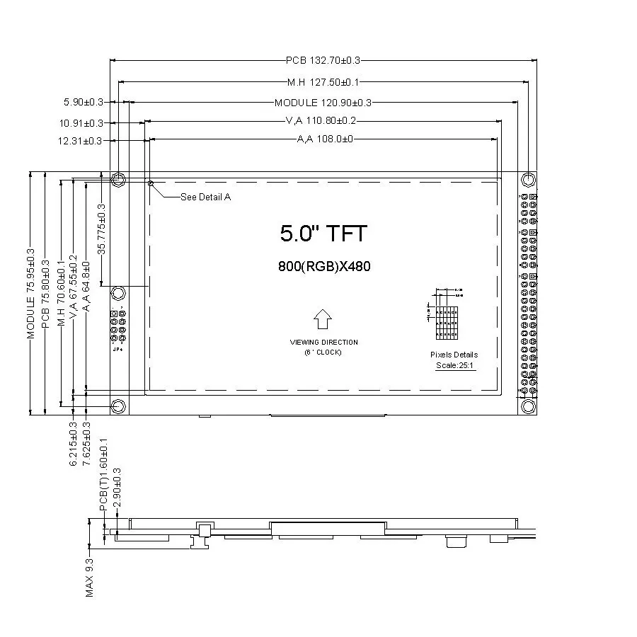 5.0 дюймов 800 x 480 точек TFT жк-модуль дисплей W / ra8875 Параллельный + I2C серийный spi