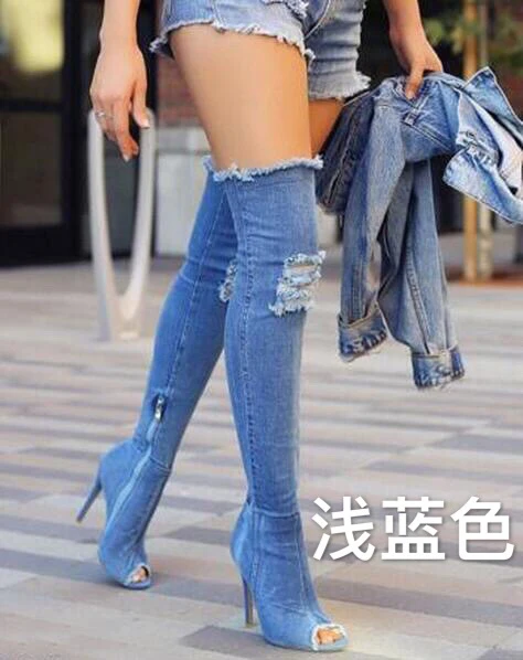 Light Blue Джинсовые сандалии на высоком каблуке 7,5 см; женская обувь; женские пикантные джинсовые сандалии; zapatos de mujer Botas Sandalias Mujer sapato feminino; N15 - Цвет: Light Blue
