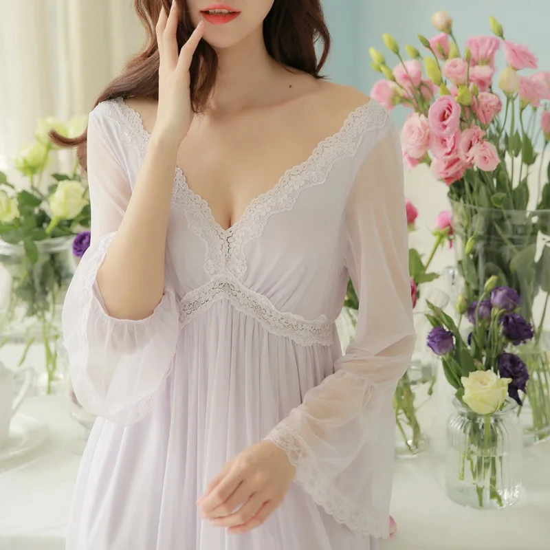 High-end 2017 New Arrival Summer Style Sexy Lace Palace Royal Beauty Nightdress Long White Pink Purple Ice Silk Nightgown | Женская