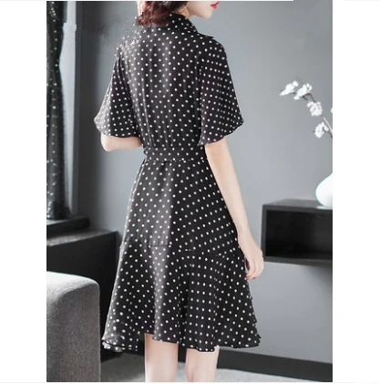 

2019 Summer Turn-down Collar A-line Preppy Style Vintage Dress Dot White Drawstring Women's Clothing Holiday Clothes Dresses