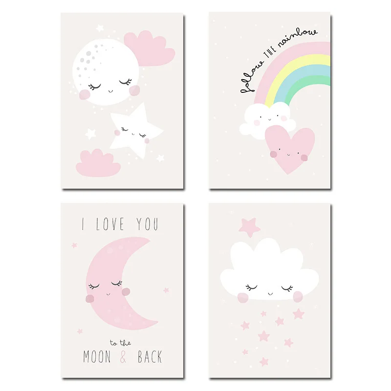 4 pcs Set Детский плакат, Луна, облако, радуга, настенный арт, холст, принт для детской декоративной картины, картина, Скандинавское украшение для детской спальни - Цвет: 4 pcs Set