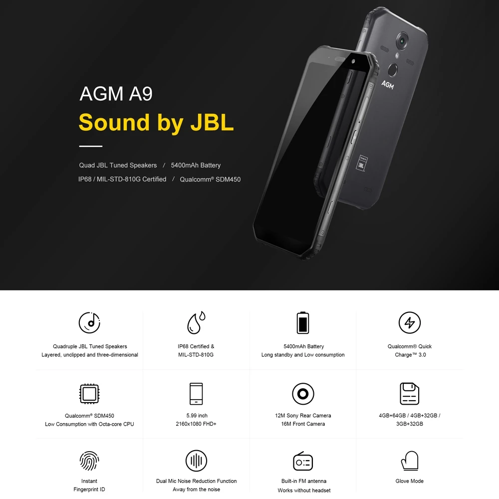 AGM A9 IP68 прочный смартфон 5 99 &quot18:9 FHD + безрамочный экран Android 8 1 Snapdragon 450 NFC передний