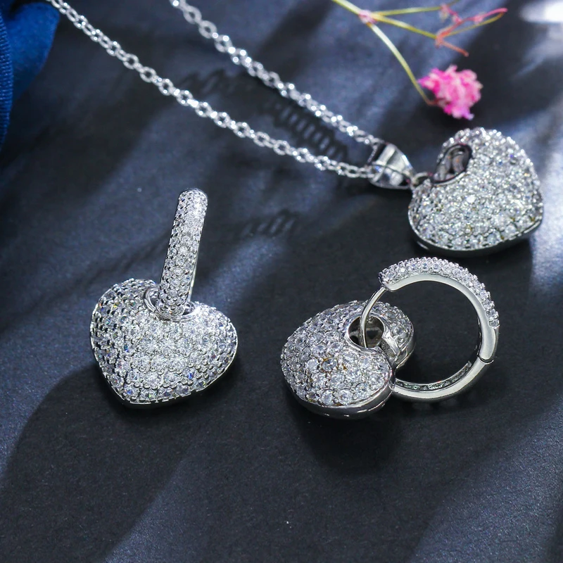 Ожерелье и серьги женские с кубиками циркония в форме сердца | Украшения
