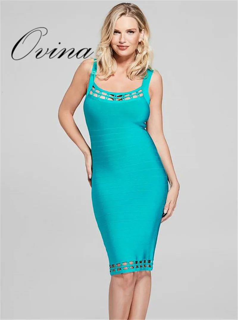 

New Fashion Women Dresses Strap Square Neck Knee Length Bodycon Bandage Dress Night Party Dress