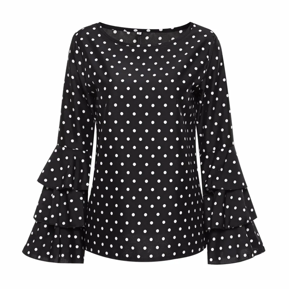Элегантный горошек печати с расклешенными рукавами Для женщин Blusas рубашки