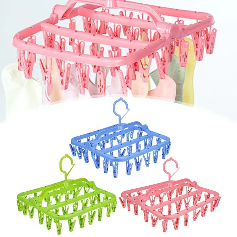 

32/16 Clips Folding Clothes dryer Hanger Children Adults Clothes Dryer Windproof Socks Underwear Plastic Drying Rack Organizer