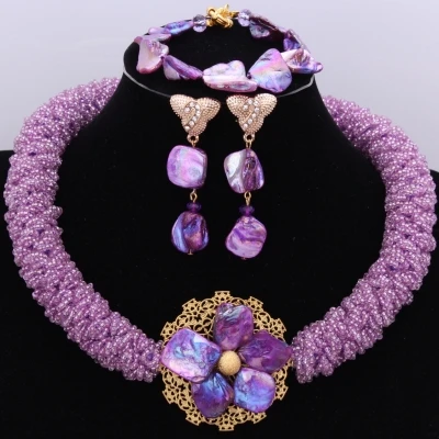 

Dudo Romantic Purple African beads Jewelry Set For Nigerian With Shell 2023