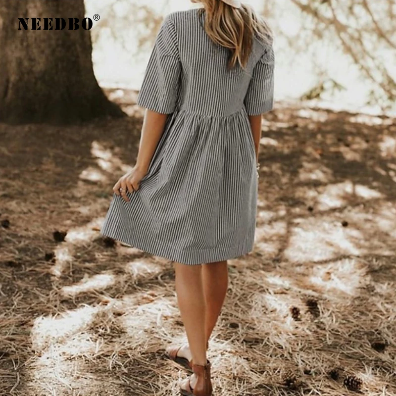 NEEDBO Summer Dresses Large Size Casual O Neck Half Sleeve Pocket Party Dress Work Stripe Ladies Women Elegant Vestidos | Женская одежда