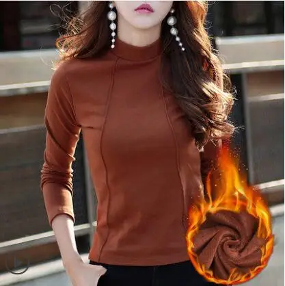 coffee with fleece Новинка, зимняя футболка, женские топы, футболки с длинным рукавом, женская футболка, одноцветные хлопковые футболки для женщин, Осенние приталенные рубашки - Цвет: coffee with fleece