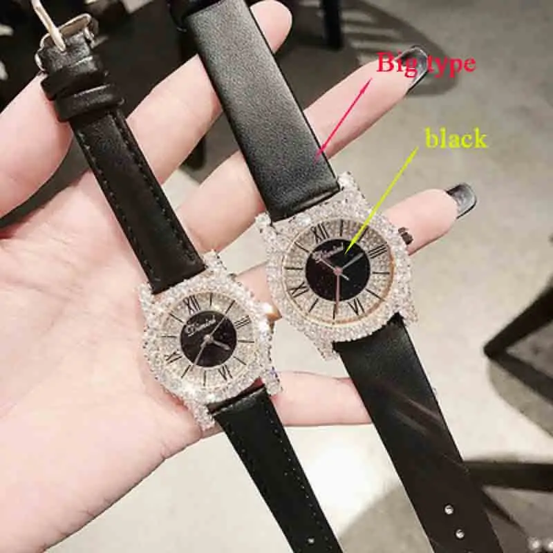 big black black Новая мода, розовое золото, дамские часы с бриллиантами, женские новые Стразы, нарядные часы, роскошный кожаный ремешок, женские кварцевые часы - Цвет: big black black