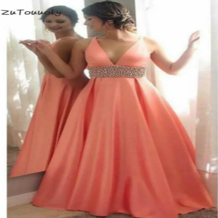 

Coral Deep V Neck Prom Dress A Line Beaded Sash Full Length Long Evening Gowns Elegant 2019 Plus Size Party vestidos de gala