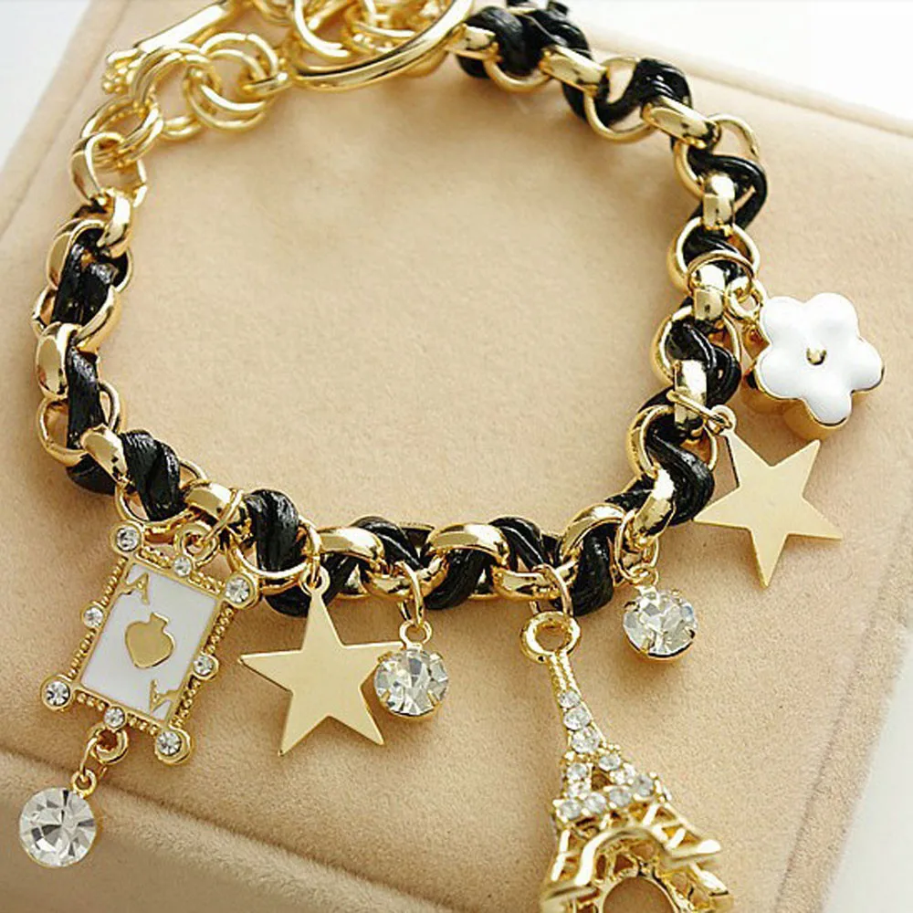 Мода 2017 Новый Для женщин изделия Multi элемент золотой цепочкой Кожаные Веревки