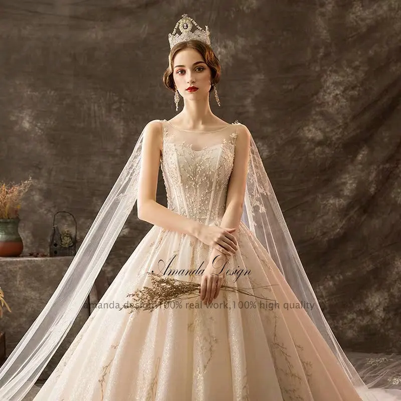 Аманда дизайн халат mariage кепки рукав кружево, аппликация бисером свадебное платье с обертывания