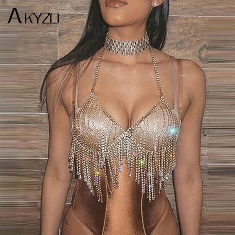AKYZO Женская Мода 2017 Camis блёстки Стразы металлическая цепочка бюстгальтер с