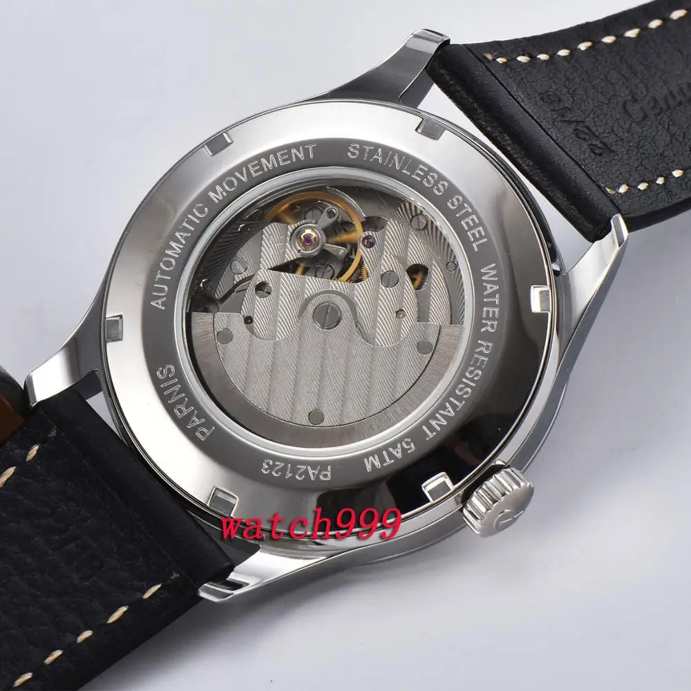 42 мм Parnis мужские наручные часы черный циферблат перспектива задняя крышка кожа