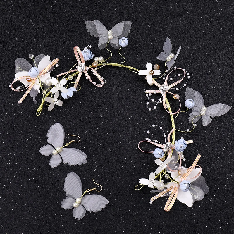 4 Pcs Fashion Gold Yarn Headbands Pearl Butterfly Rhinestone Hairbands Earrings Sets Women Jewelry Bridal Wedding Hair Ornaments | Украшения
