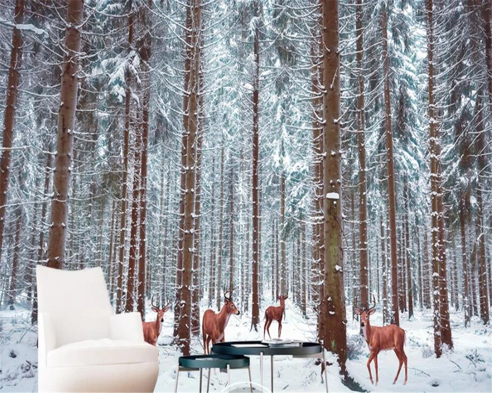 

Custom wall paper Wall Sticker beautiful snowy forest deer large TV living room room background wall 3d wallpaper Beibehang