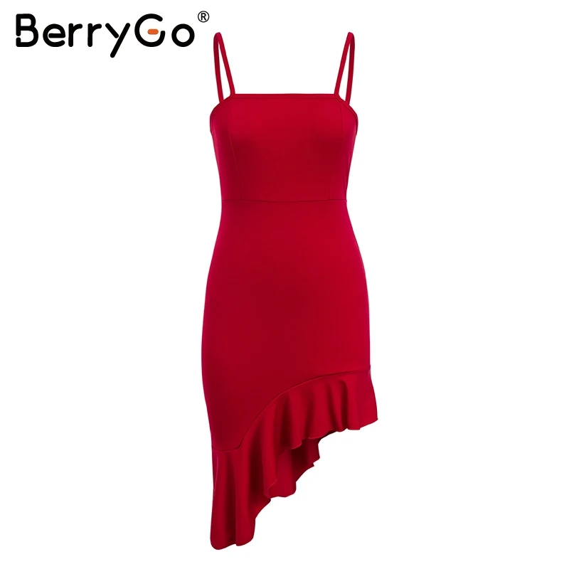 BerryGo/красное асимметричное сексуальное платье с оборками женское осеннее