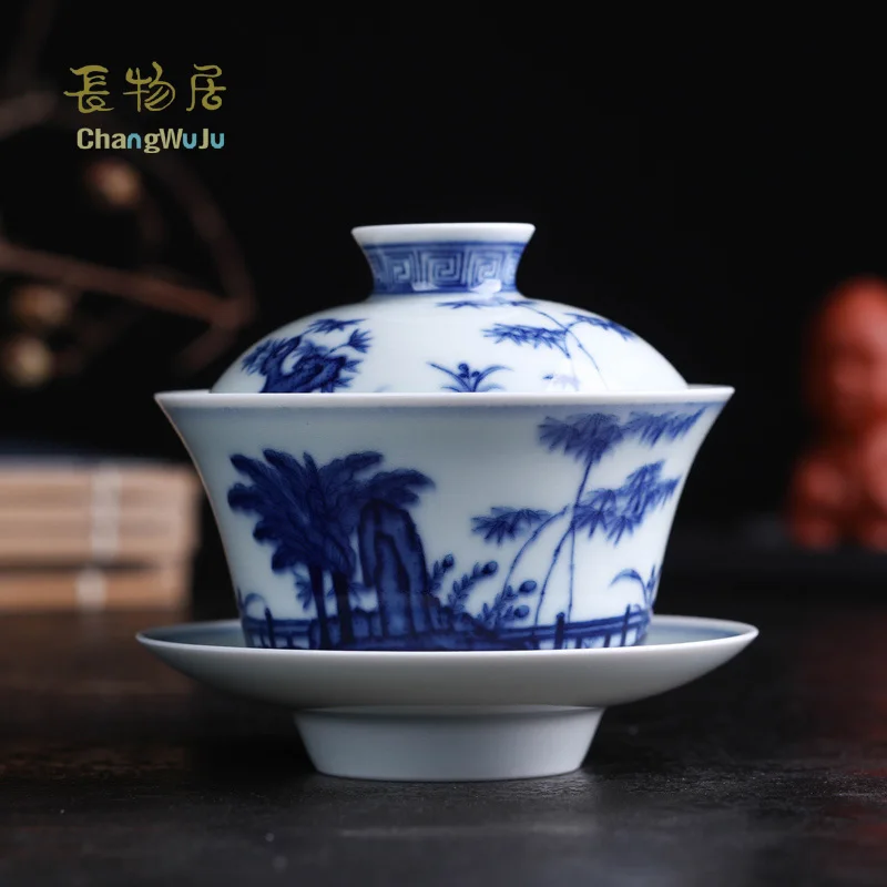 

Changwuju in Jingdezhen fine Cups & Saucers the blue and white chinese tea cup bowl with cover that was firing in firewood kiln