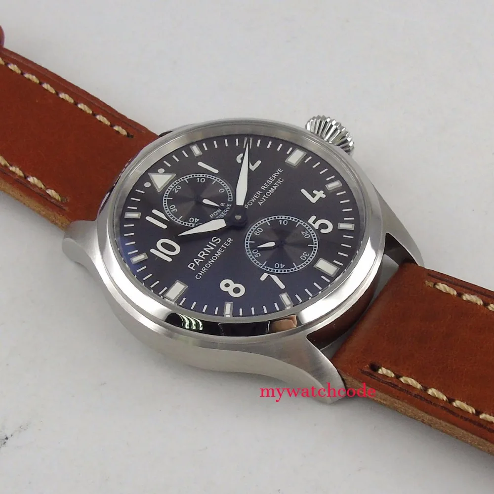 Мужские часы с серым циферблатом parnis 47 мм подсветкой запасом мощности ST2542