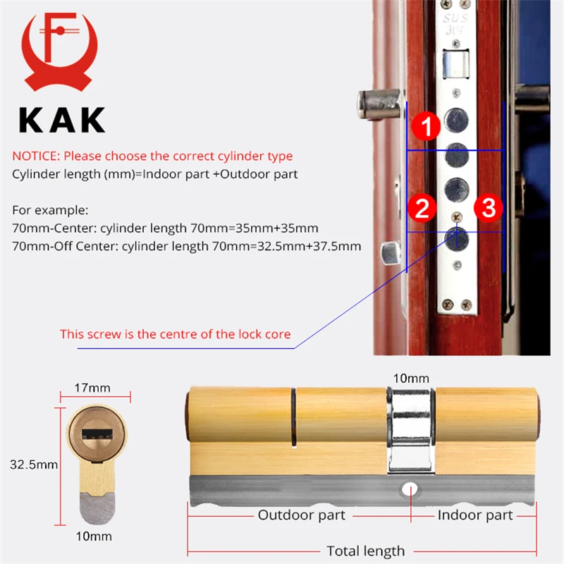 KAK Brass Cylinder C Grade Copper Door Lock Core With 8 Keys High Security Lock Core Double Open Anti-Snap Anti-Drill Hardware (art.: 7a7a12755) - 7a7a12755