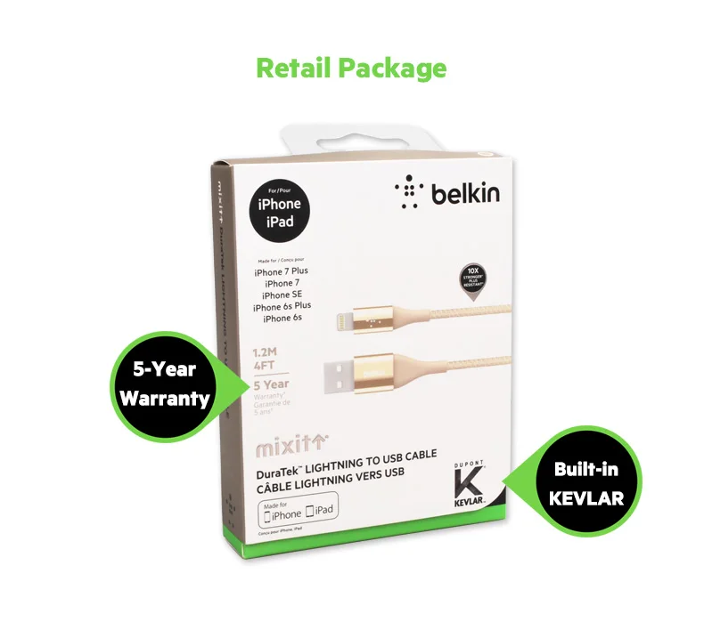 Belkin MIXIT Duratek Kevlar кабель Lightning/USB по MFi Сертифицированный синхронизации зарядки 2.4A