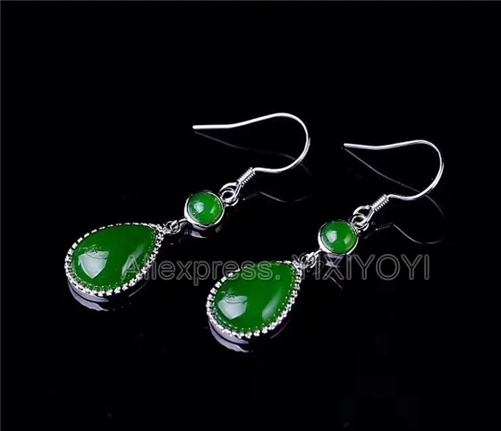 Красивые серьги подвески из серебристого и зеленого нефрита|Серьги-подвески| |