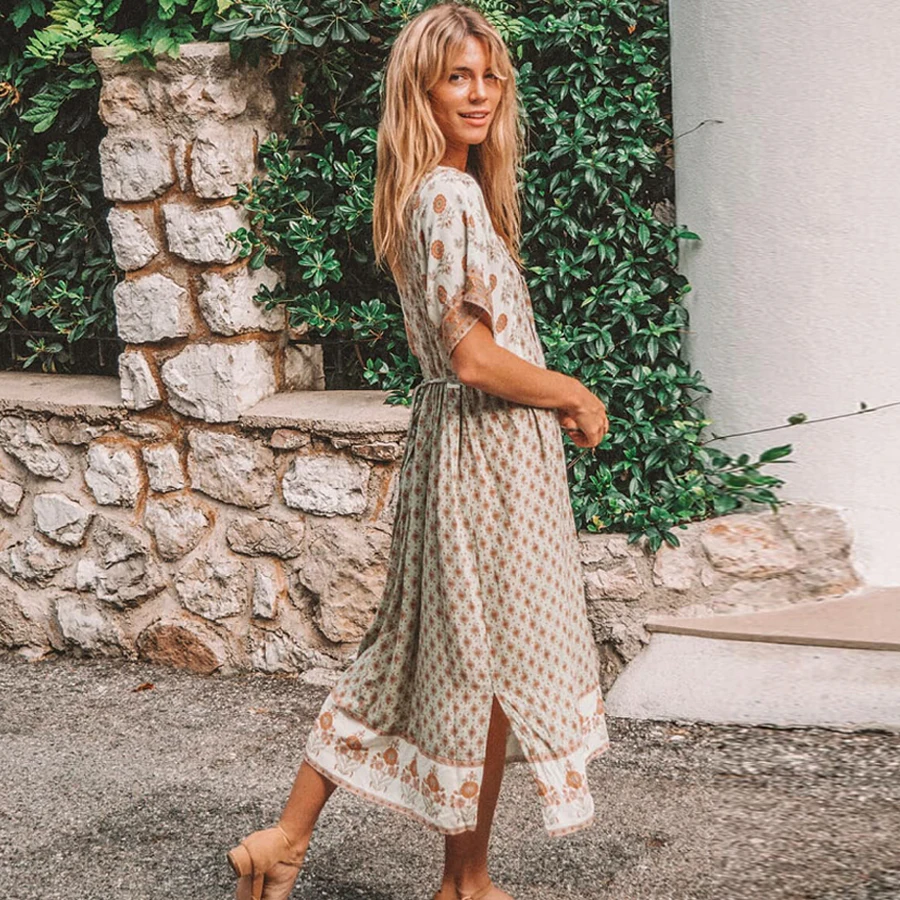 Женское платье с цветочным принтом Feccer Gypsy boho зеленое пляжное v-образным вырезом