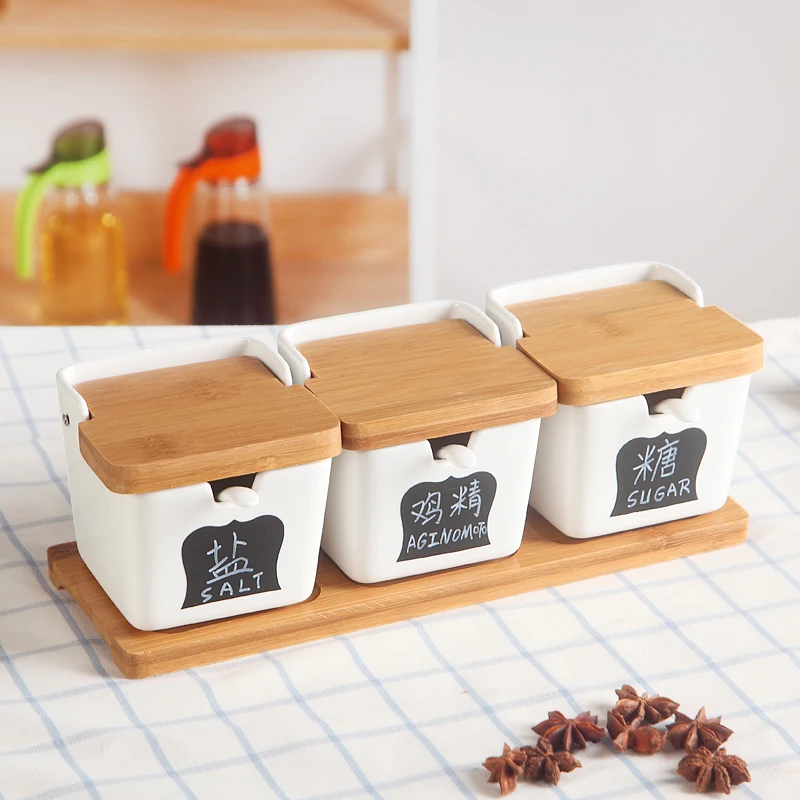 Nordic Style Ceramic Spice Tanks with Wood Bridge Shape Shelf Spoon Kit for Kitchen Accessories Tool Paprika Oil Salt Jar Gifts | Дом и сад